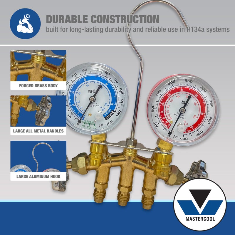 Mastercool 66661 2-Way Brass Manifold Gauge Set with 2 1/2" Silicone-Dampened Gauges, Economy Couplers, and 60" Hoses for R134a - U.S. Assembled & Tested - Image 3